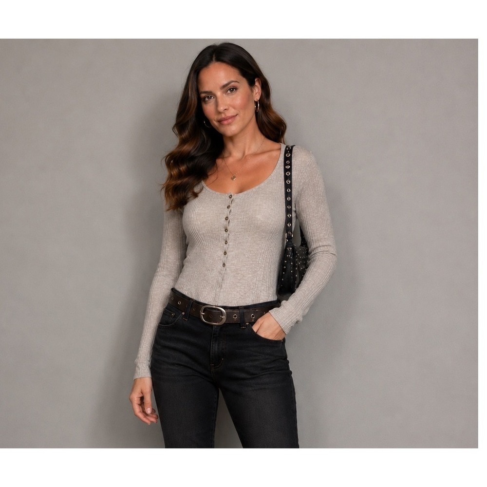 Neutral Ribbed Henley Long Sleeve Top Soft Minimal Boho M Coastal